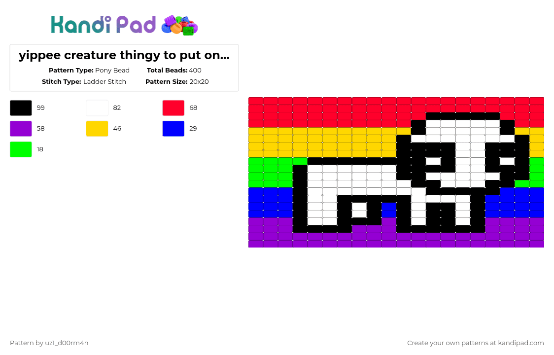 yippee creature thingy to put on ur wall - Pony Bead Pattern by uz1_d00rm4n on Kandi Pad - red,purple,yippee creature,rainbow