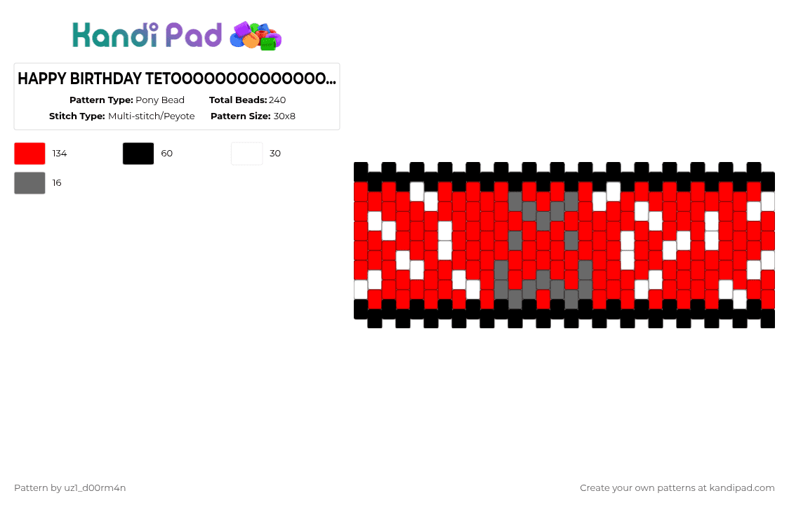 HAPPY BIRTHDAY TETOOOOOOOOOOOOOOOO :DDDD - Pony Bead Pattern by uz1_d00rm4n on Kandi Pad - april 1st, birthday, black, kasane teto, red, teto, vocaloid, white