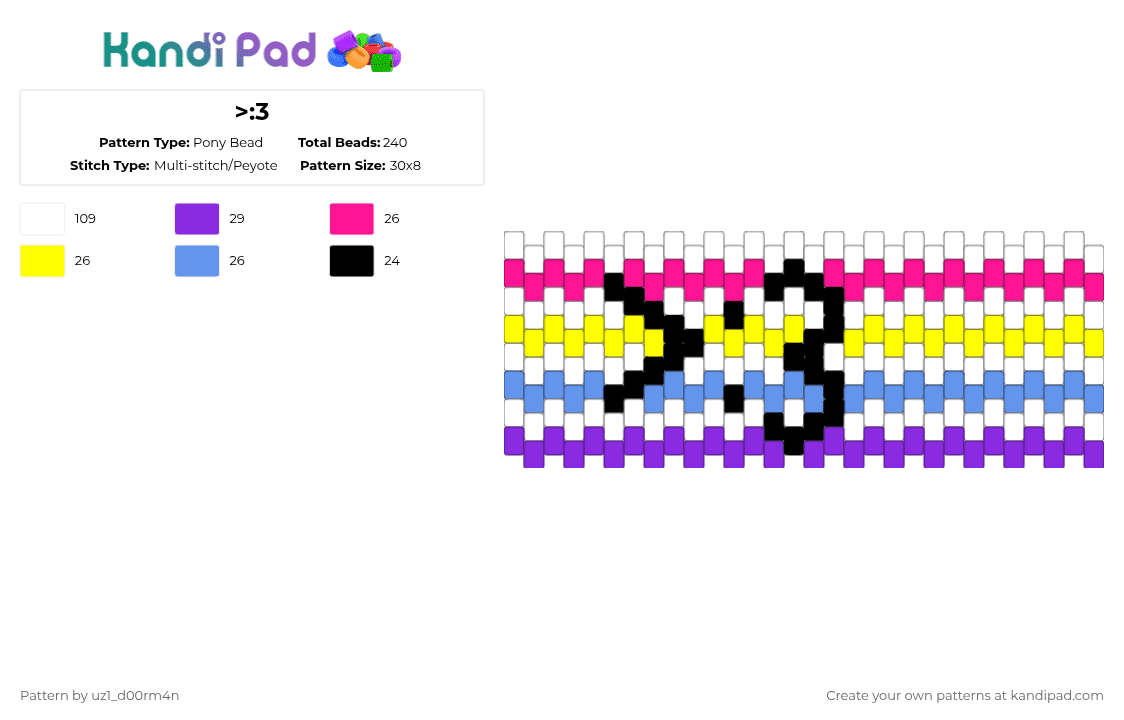 >:3 - Pony Bead Pattern by uz1_d00rm4n on Kandi Pad - white,yellow,purple,colorful,cotdaprilfoolsday2026,rehehehe
