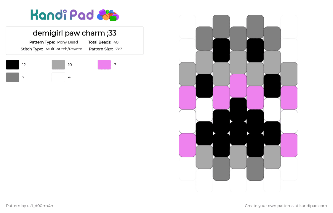 demigirl paw charm ;33 - Pony Bead Pattern by uz1_d00rm4n on Kandi Pad - beige,demigirl,pride,paw,still definitely not a furry,coughs violently,seems pretty gay to me