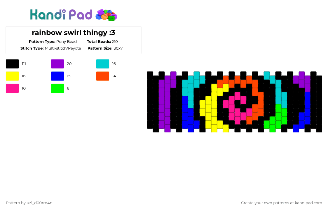 rainbow swirl thingy :3 - Pony Bead Pattern by uz1_d00rm4n on Kandi Pad - black, light blue, neon, purple, rainbow, spiral, yellow