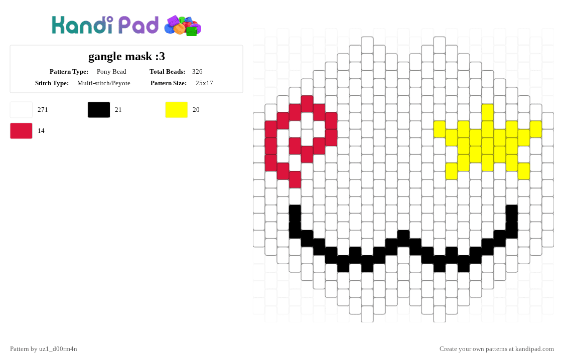 gangle mask :3 - Pony Bead Pattern by uz1_d00rm4n on Kandi Pad - white,red,yellow,gangle,tadc,the amazing digital citrus,seems kinda gay to me,pink,black