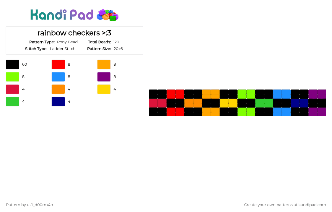 rainbow checkers >:3 - Pony Bead Pattern by uz1_d00rm4n on Kandi Pad - black,orange,light blue,colorful,rainbow,checkered,pink,red,yellow,green,blue,porple