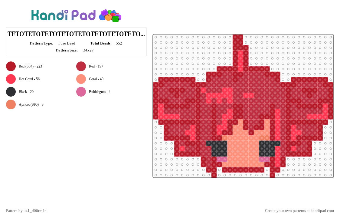 TETOTETOTETOTETOTETOTETOTETOTETOTETOTETOTETOTETOTETO - Fuse Bead Pattern by uz1_d00rm4n on Kandi Pad - red,teto,vocaloid,definitely not a drill,kasane teto
