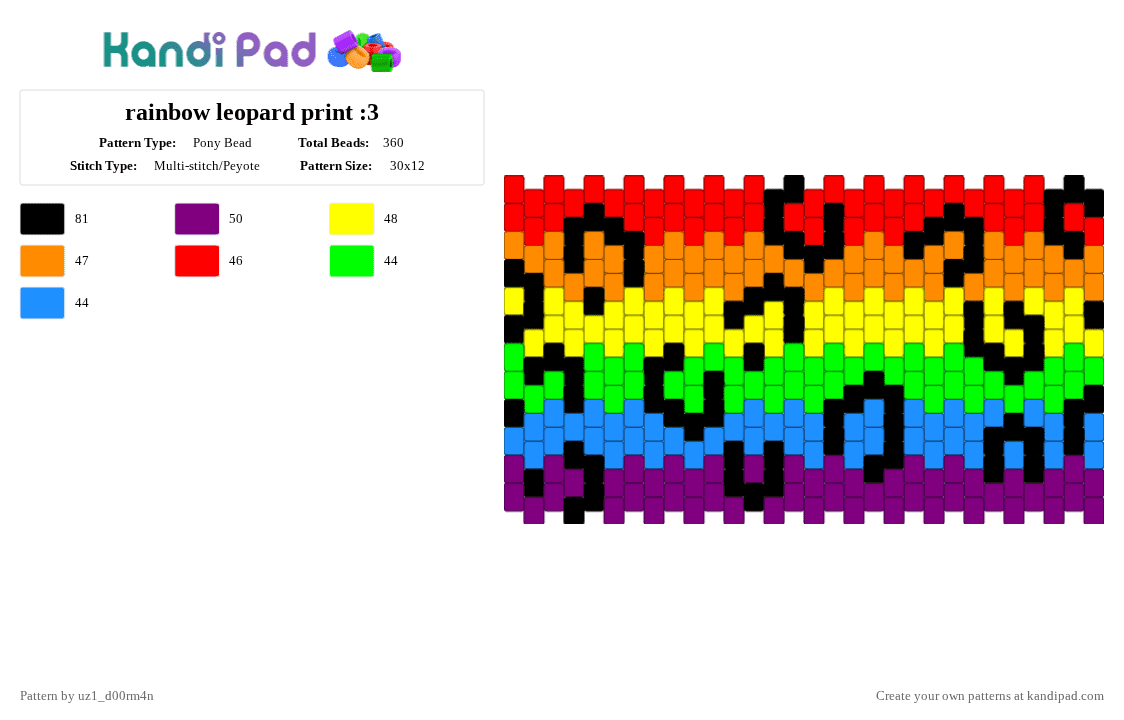 rainbow leopard print :3 - Pony Bead Pattern by uz1_d00rm4n on Kandi Pad - orange,green,pink,colorful,rainbow,leopard,red,yellow,blue,purple