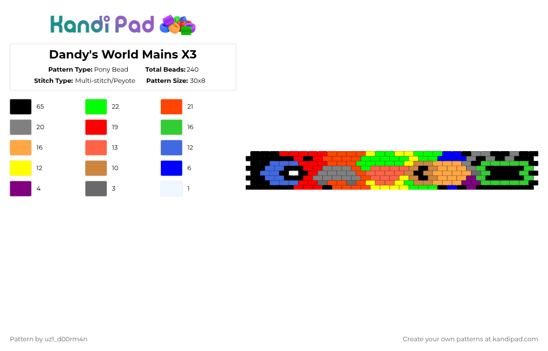Dandy\'s World Mains X3 - Pony Bead Pattern by uz1_d00rm4n on Kandi Pad - gray, green, orange, red