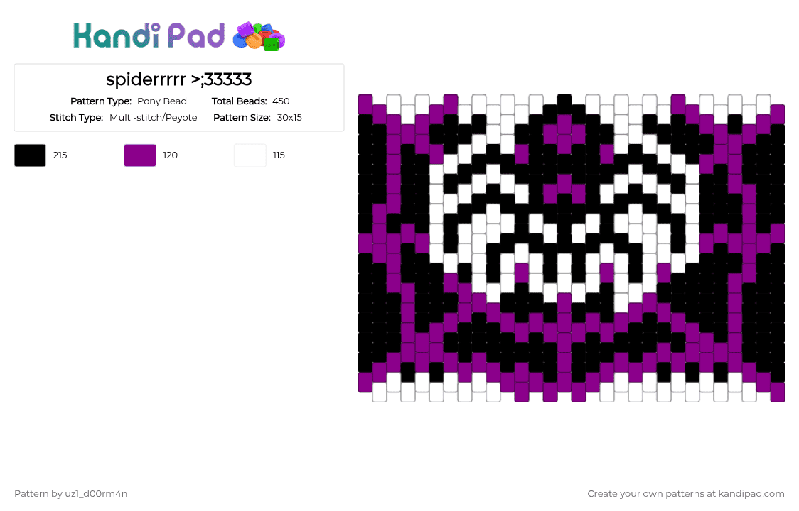 spiderrrrr >;33333 - Pony Bead Pattern by uz1_d00rm4n on Kandi Pad - pink,white,cotdspiders,purple,black,spider,spidder,spooder,spider web