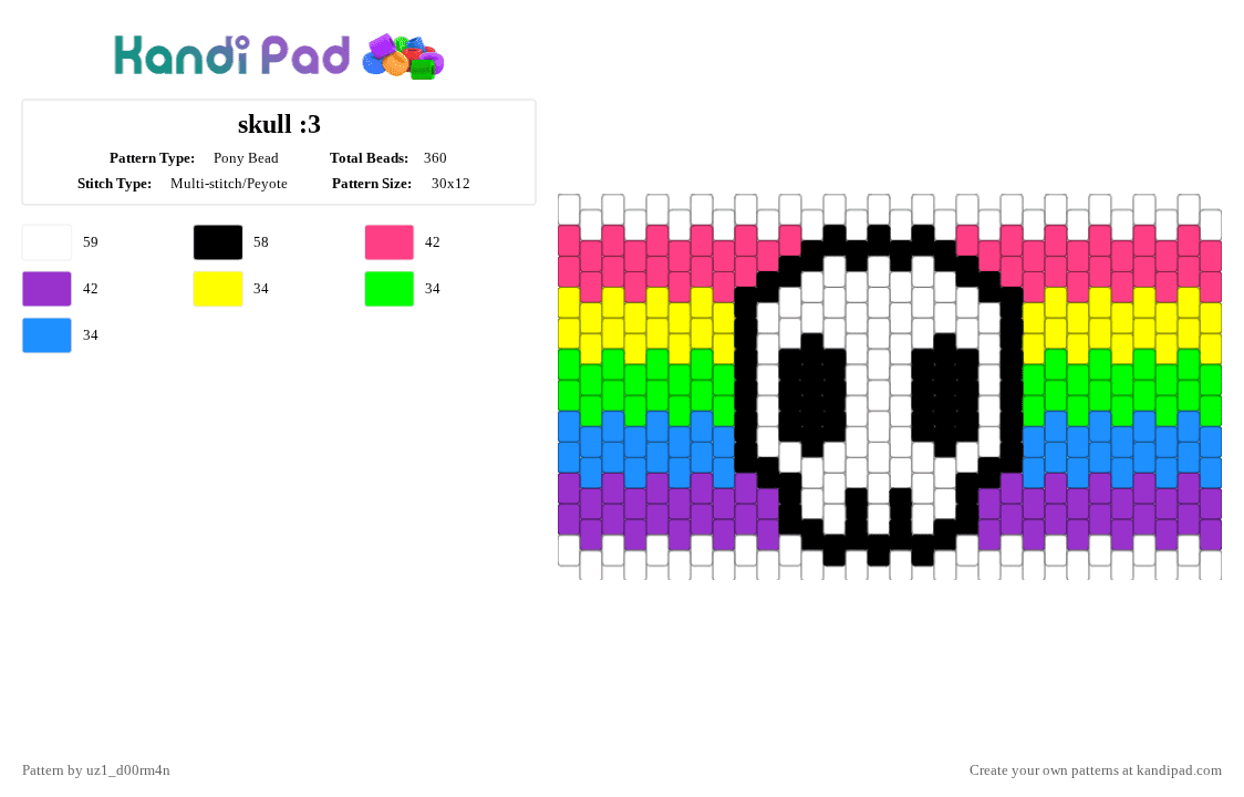 skull :3 - Pony Bead Pattern by uz1_d00rm4n on Kandi Pad - pink,purple,skull,rainbow,yellow,green,blue,clear