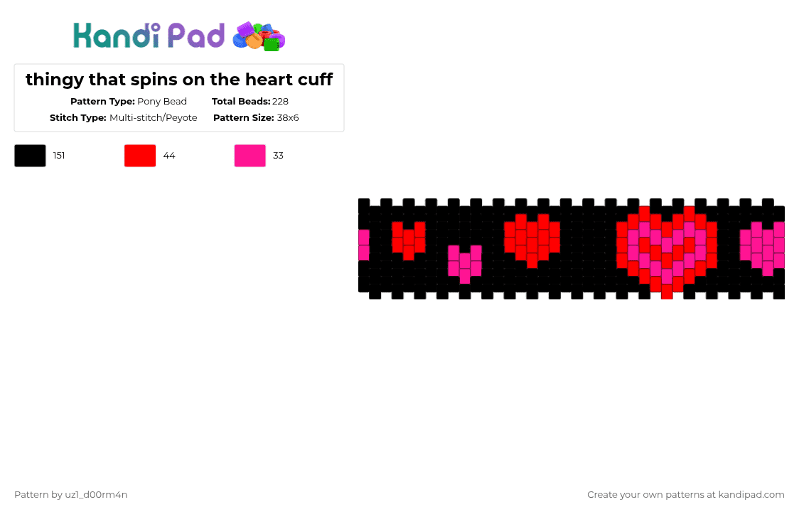 thingy that spins on the heart cuff - Pony Bead Pattern by uz1_d00rm4n on Kandi Pad - black,pink,red,hearts,cotdhearts