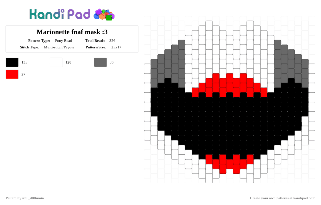 Marionette fnaf mask :3 - Pony Bead Pattern by uz1_d00rm4n on Kandi Pad - white,gray,red,fnaf,marionette,puppet,fnaf 2,charlotte emily
