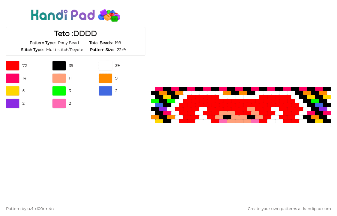 Teto :DDDD - Pony Bead Pattern by uz1_d00rm4n on Kandi Pad - red,orange,teto,vocaloid,scene,rainbow,candy,cookie,chocolate
