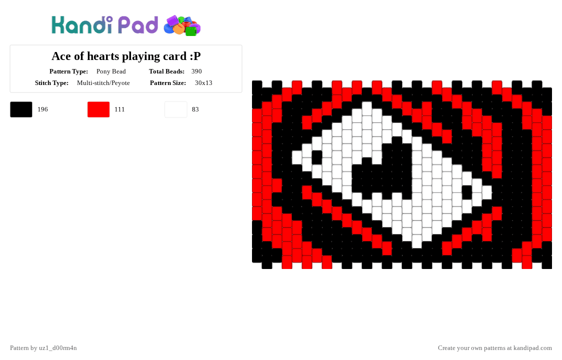 Ace of hearts playing card :P - Pony Bead Pattern by uz1_d00rm4n on Kandi Pad - white,red,cotdwonderland,black,playing cards,swirly,multistitch,ace of hearts