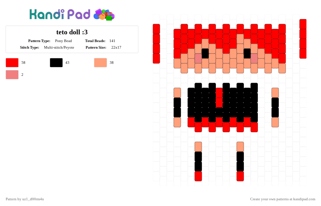 teto doll :3 - Pony Bead Pattern by uz1_d00rm4n on Kandi Pad - red,orange,teto,vocaloid,kasane teto,black,definitely not a drill