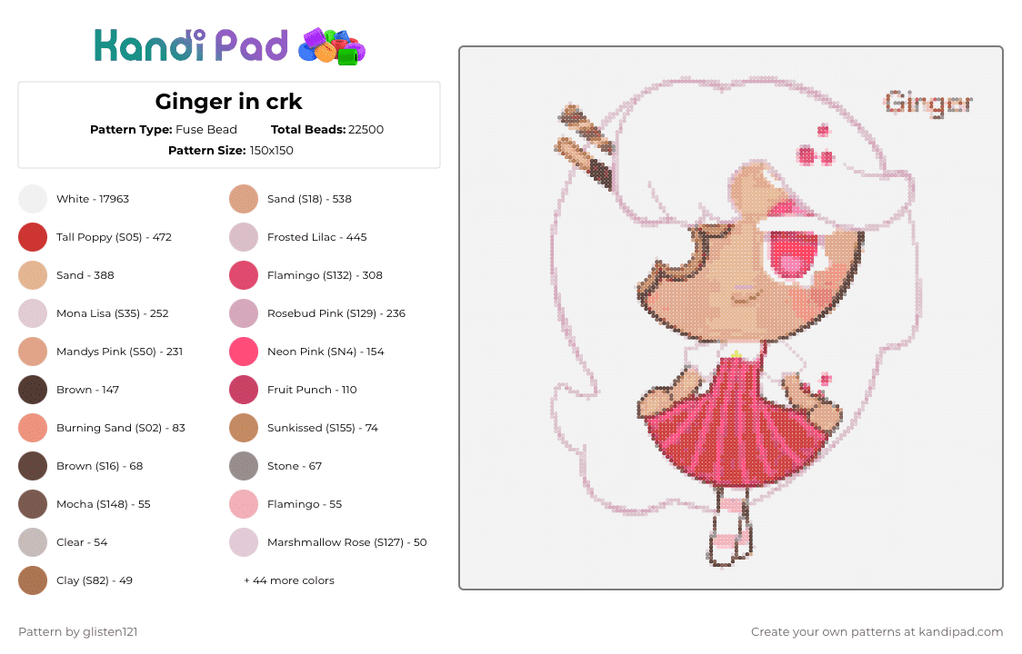 Ginger in crk - Fuse Bead Pattern by glisten121 on Kandi Pad - white,beige,pink,red