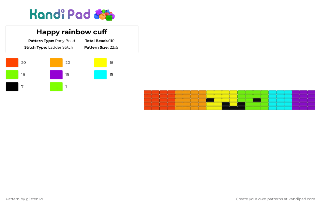 Happy rainbow cuff - Pony Bead Pattern by glisten121 on Kandi Pad - red,orange,yellow,green