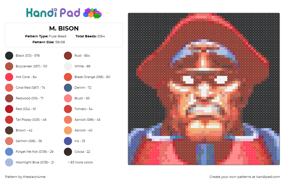 M. BISON - Fuse Bead Pattern by thestarzr4me on Kandi Pad - m bison,street fighter,portrait,villain,video game,character,antagonist,retro ga