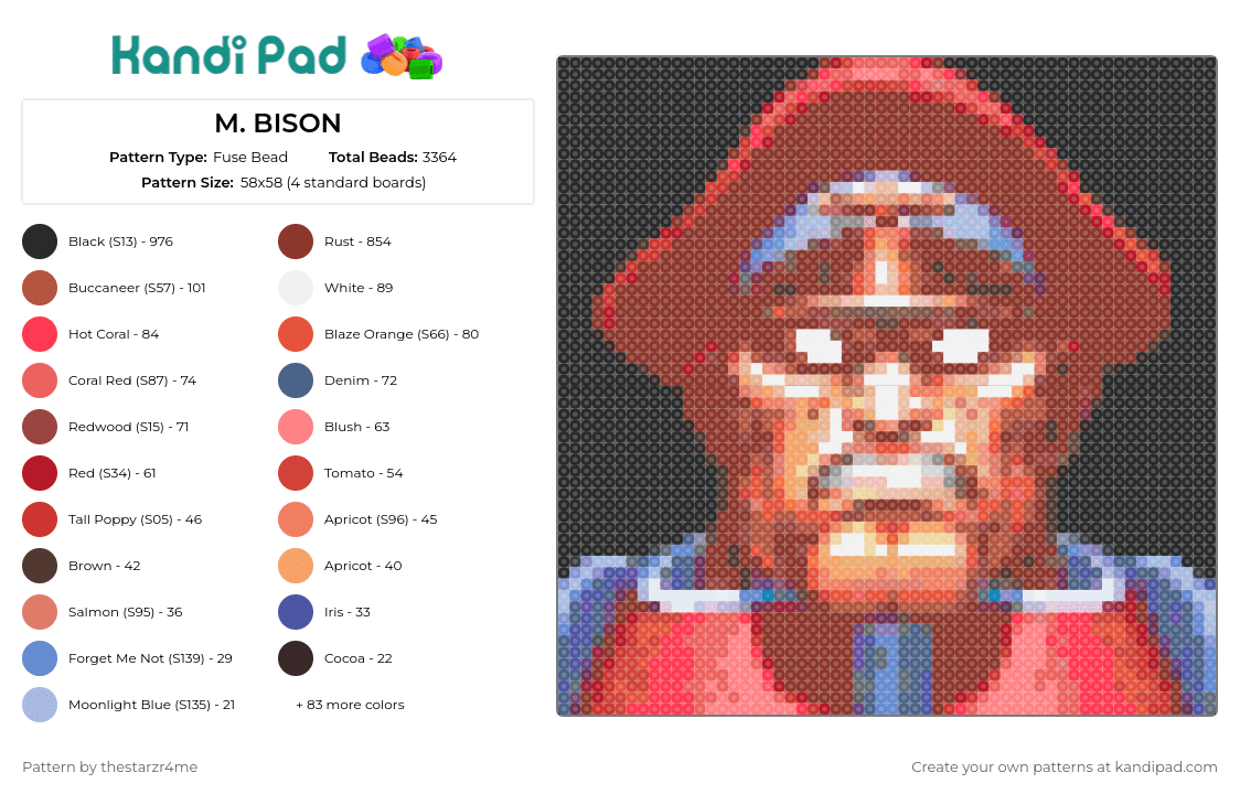 M. BISON - Fuse Bead Pattern by thestarzr4me on Kandi Pad - m bison,street fighter,portrait,villain,video game,character,antagonist,retro gaming,red