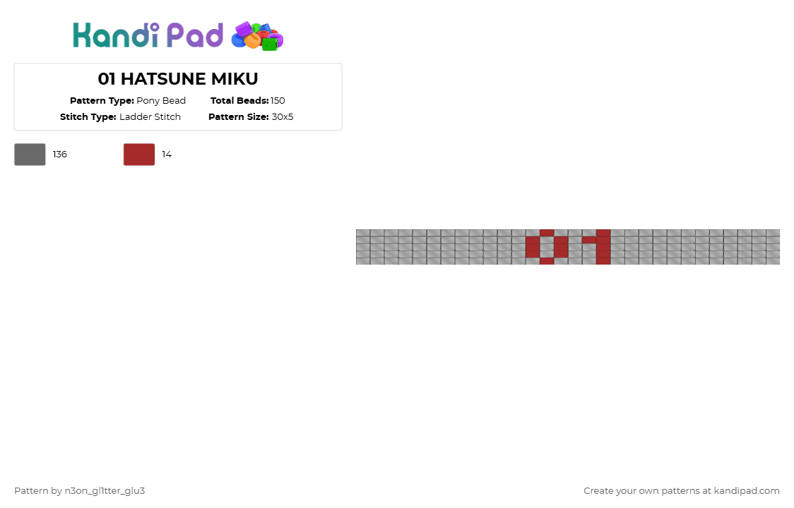 01 HATSUNE MIKU - Pony Bead Pattern by n3on_gl1tter_glu3 on Kandi Pad - gray,39,cv01,miku,hatsune miku,hatsune,vocaloid,vocal synth,01