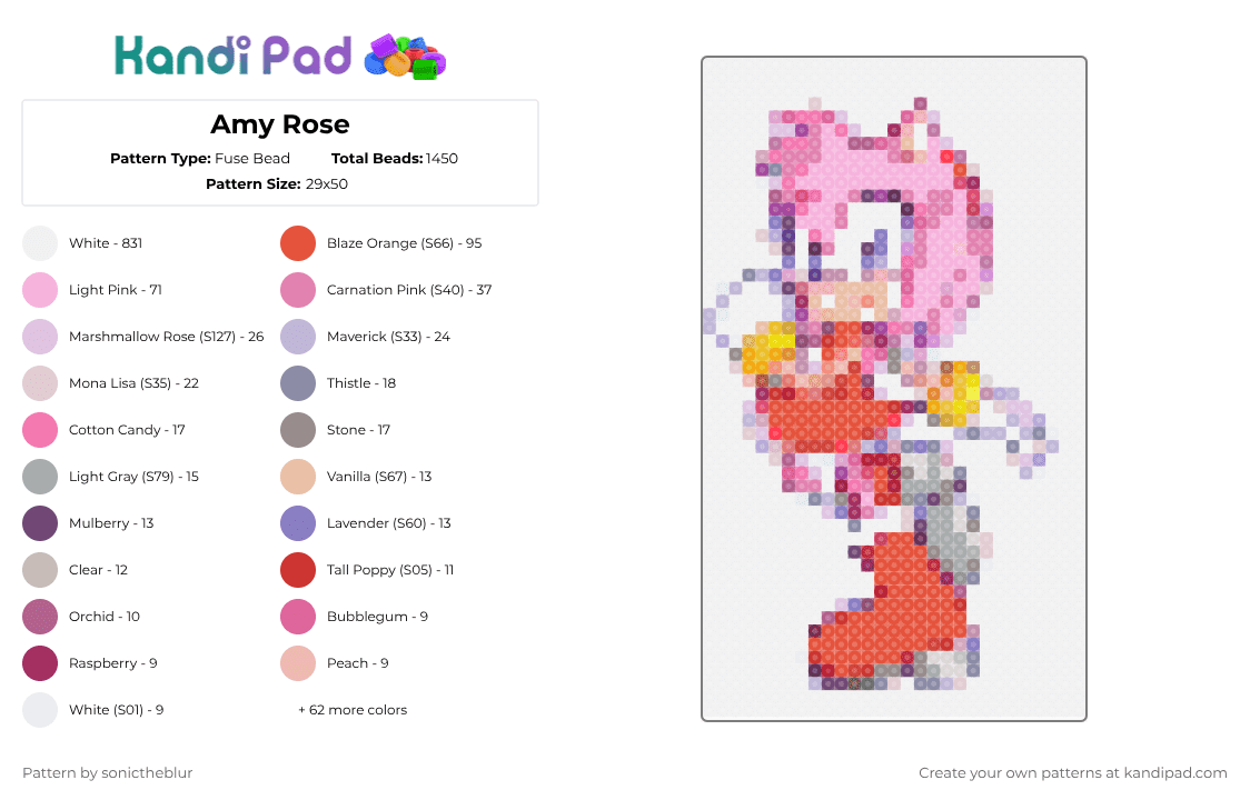 Amy rose - Fuse Bead Pattern by sonictheblur on Kandi Pad - white,pink,red