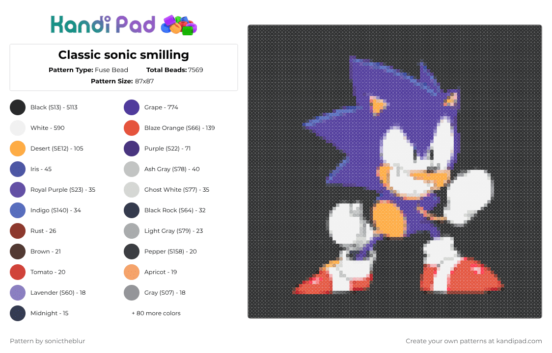 Classic sonic smilling - Fuse Bead Pattern by sonictheblur on Kandi Pad - black,purple,orange,red