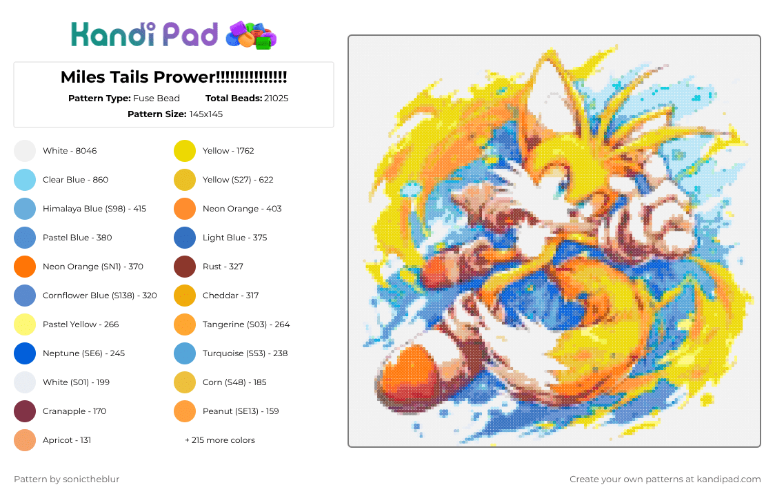 Miles Tails Prower!!!!!!!!!!!!!!! - Fuse Bead Pattern by sonictheblur on Kandi Pad - 