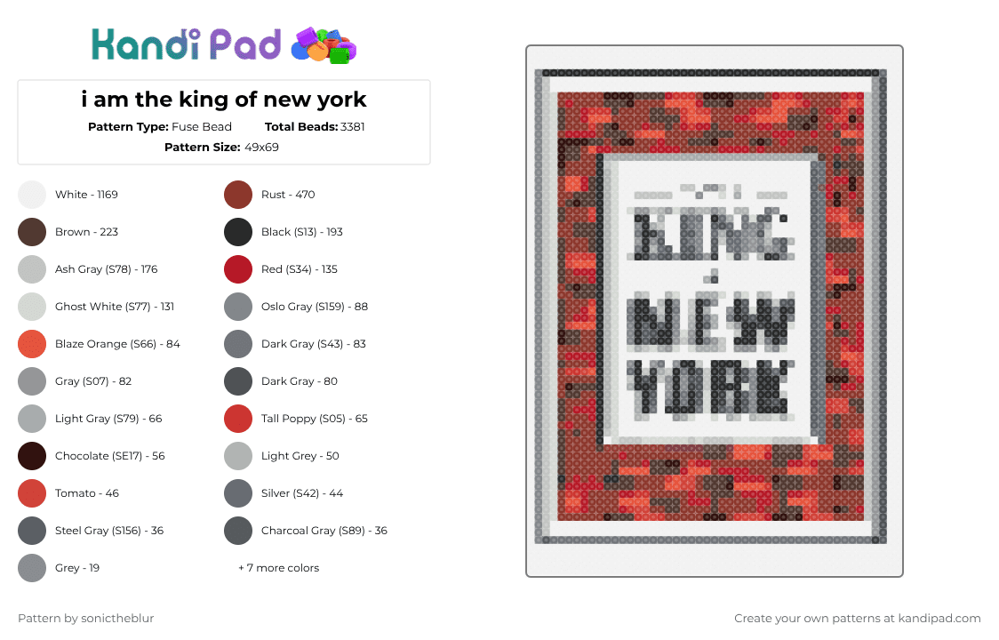i am the king of new york - Fuse Bead Pattern by sonictheblur on Kandi Pad - gray,red