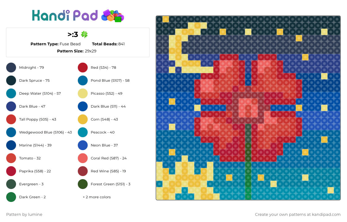 >:3 🍀 - Fuse Bead Pattern by lumine on Kandi Pad - red,yellow,blue,teal,night,flower,hearts,clover,klee,four leave clover