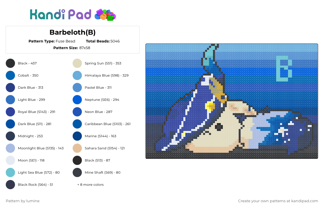 Barbeloth(B) - Fuse Bead Pattern by lumine on Kandi Pad - b, barbeloth, beige, blue, dodoco, genshin, light blue, mona, purple, witch