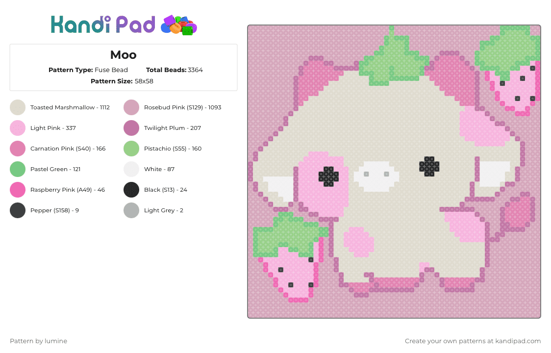 Moo - Fuse Bead Pattern by lumine on Kandi Pad - pink,beige,strawberry,cow