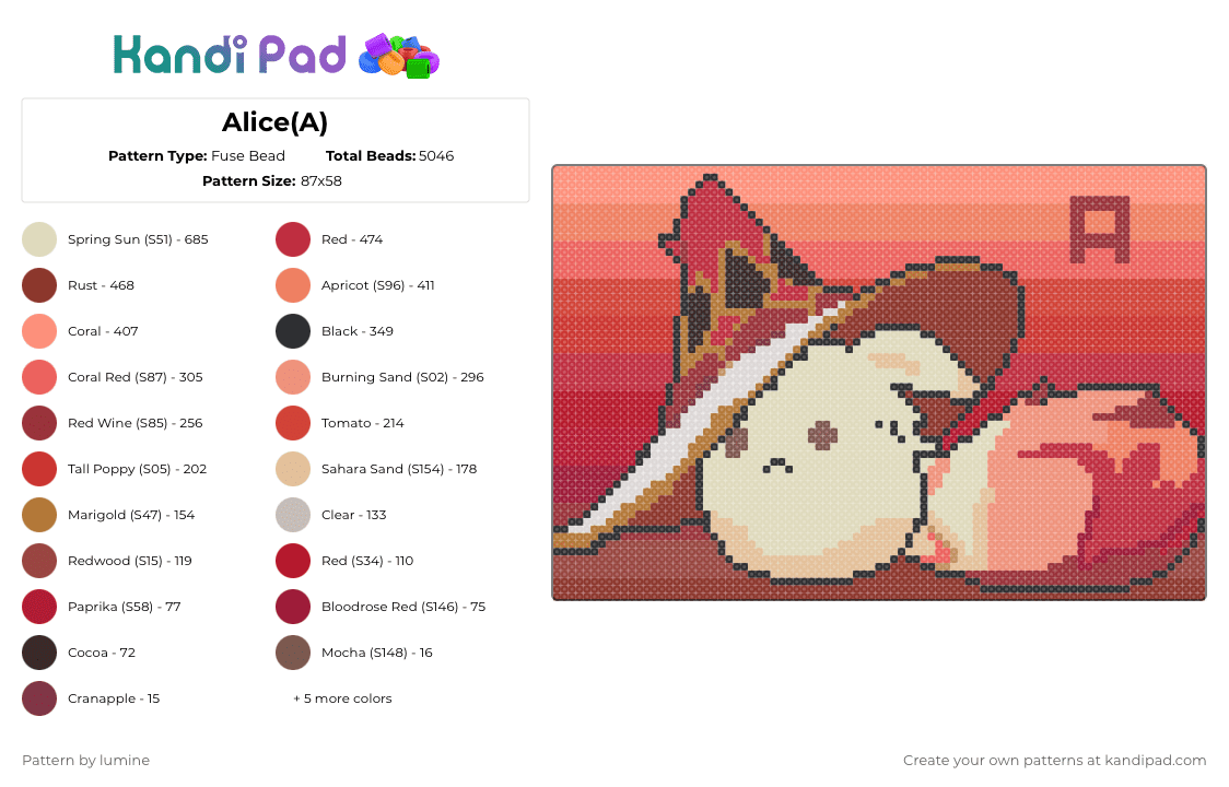 Alice(A) - Fuse Bead Pattern by lumine on Kandi Pad - beige,orange,red,witch,alice,a,klees mother