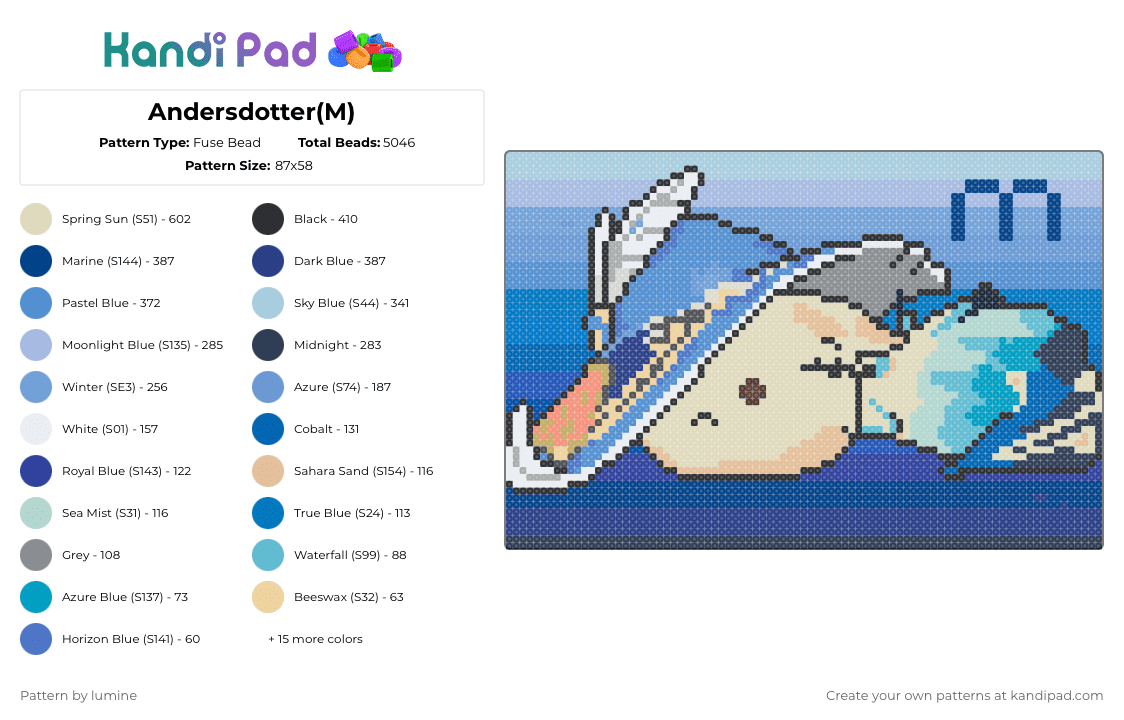 Andersdotter(M) - Fuse Bead Pattern by lumine on Kandi Pad - andersdotter, anya, beige, blue, dodoco, light blue, m, writer
