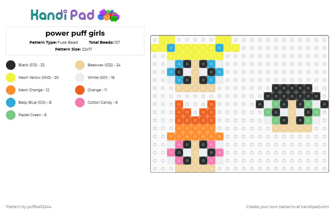 power puff girls - Fuse Bead Pattern by puffball2344 on Kandi Pad - beige, orange, yellow