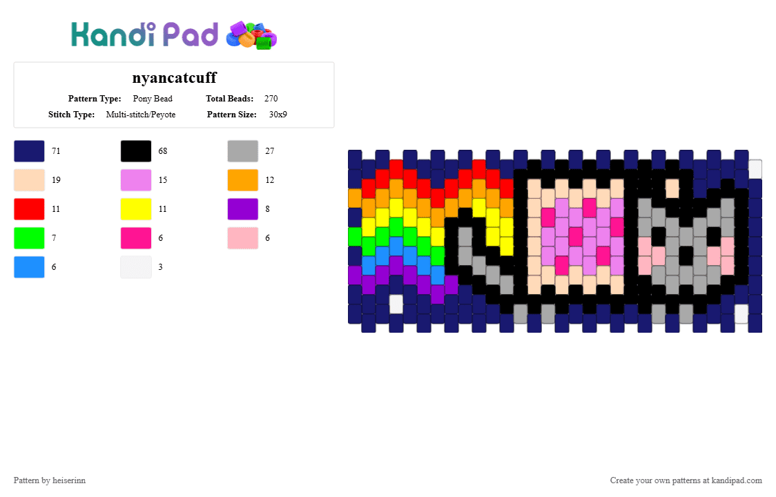 nyancatcuff - Pony Bead Pattern by heiserinn on Kandi Pad - purple,beige,pink,nyancat,scene,cuff