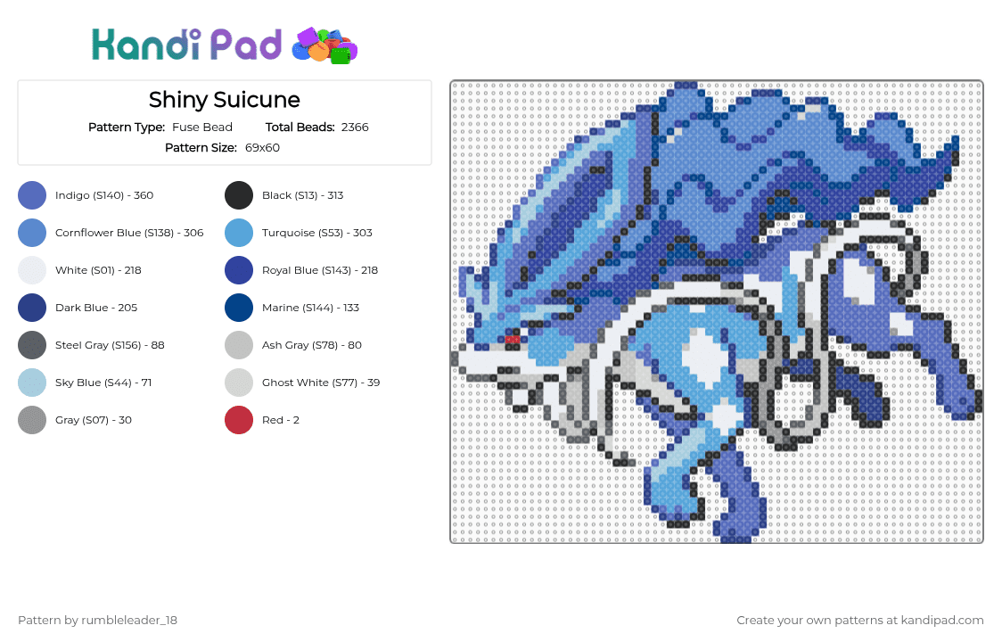 Shiny Suicune - Fuse Bead Pattern by rumbleleader_18 on Kandi Pad - blue,light blue