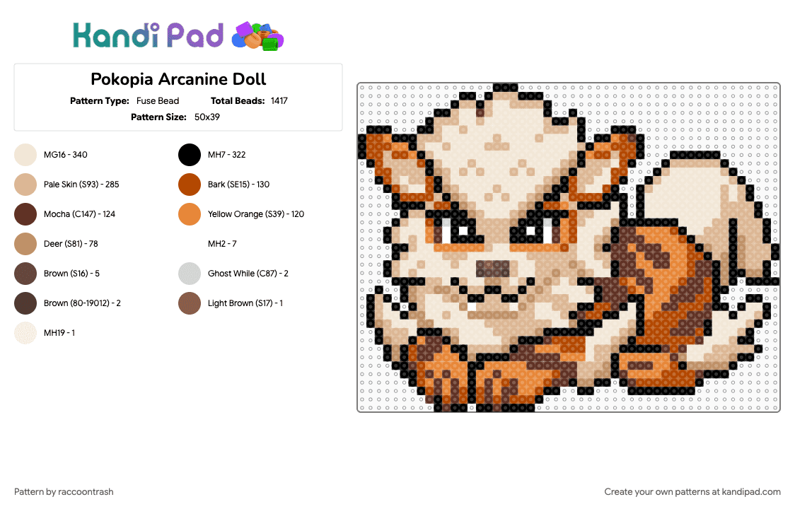 Pokopia Arcanine Doll - Fuse Bead Pattern by raccoontrash on Kandi Pad - arcanine, beige, gaming, pokemon, pokopia