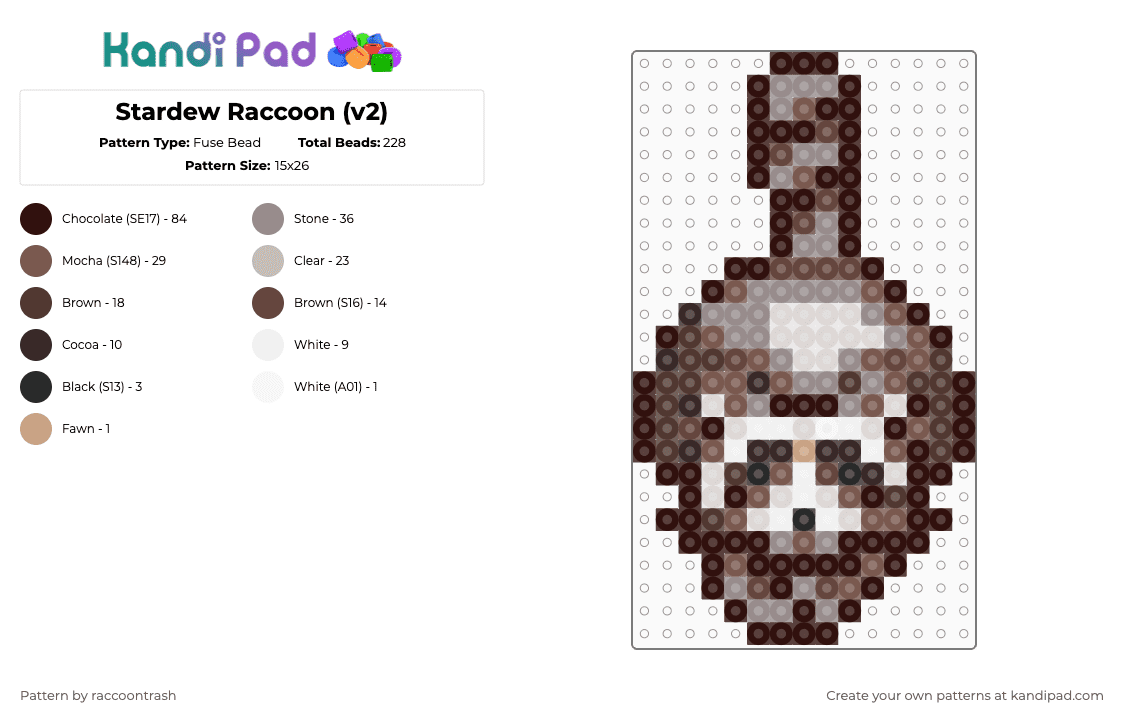 Stardew Raccoon (v2) - Fuse Bead Pattern by raccoontrash on Kandi Pad - brown,stardew valley,raccoon