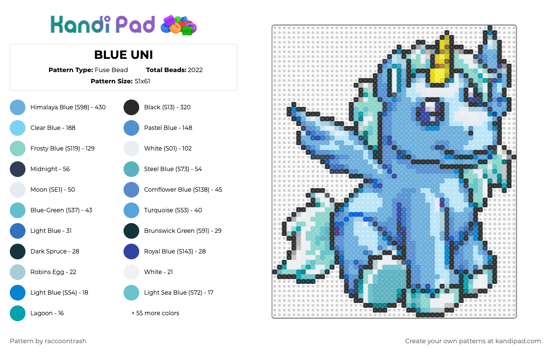 BLUE UNI - Fuse Bead Pattern by raccoontrash on Kandi Pad - blue,light blue,teal,noepets,uni,alicorn,unicorn,pegasus