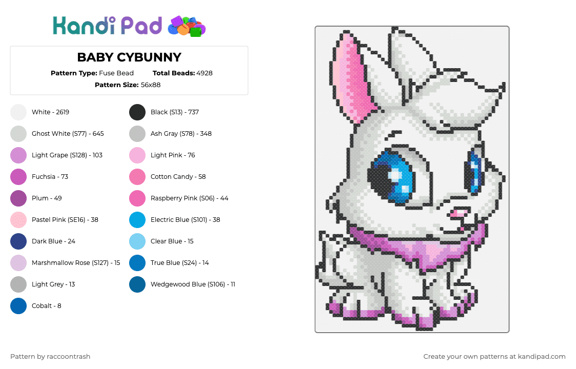 BABY CYBUNNY - Fuse Bead Pattern by raccoontrash on Kandi Pad - white,pink,beige,neopets,cybunny,baby,bunny,rabbit