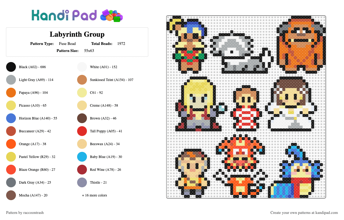 Labyrinth Group - Fuse Bead Pattern by raccoontrash on Kandi Pad - red,yellow,orange,beige,colorful,labyrinth,jareth,sarah,ludo,worm,firey,hoggle