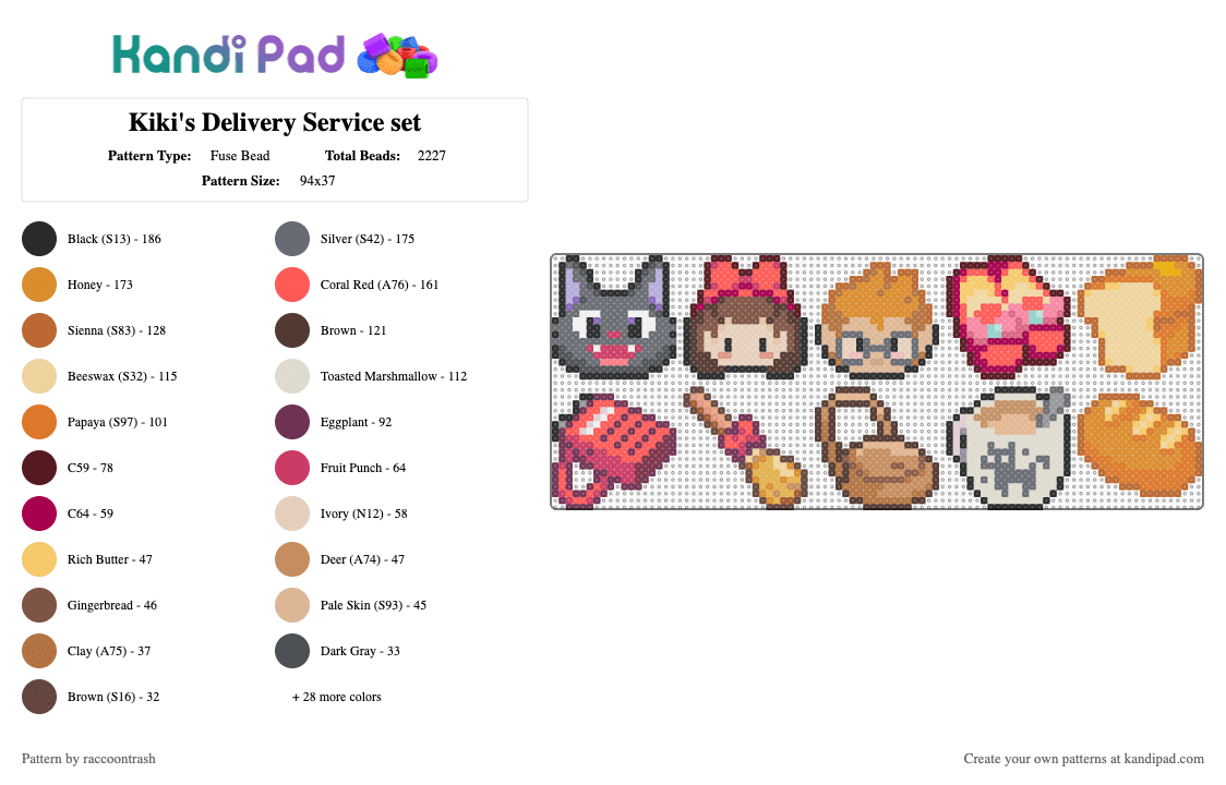 Kiki\'s Delivery Service set - Fuse Bead Pattern by raccoontrash on Kandi Pad - brown,beige,orange,colorful,ghibli,miyazaki,witch,cat,anime,kiki,jiji