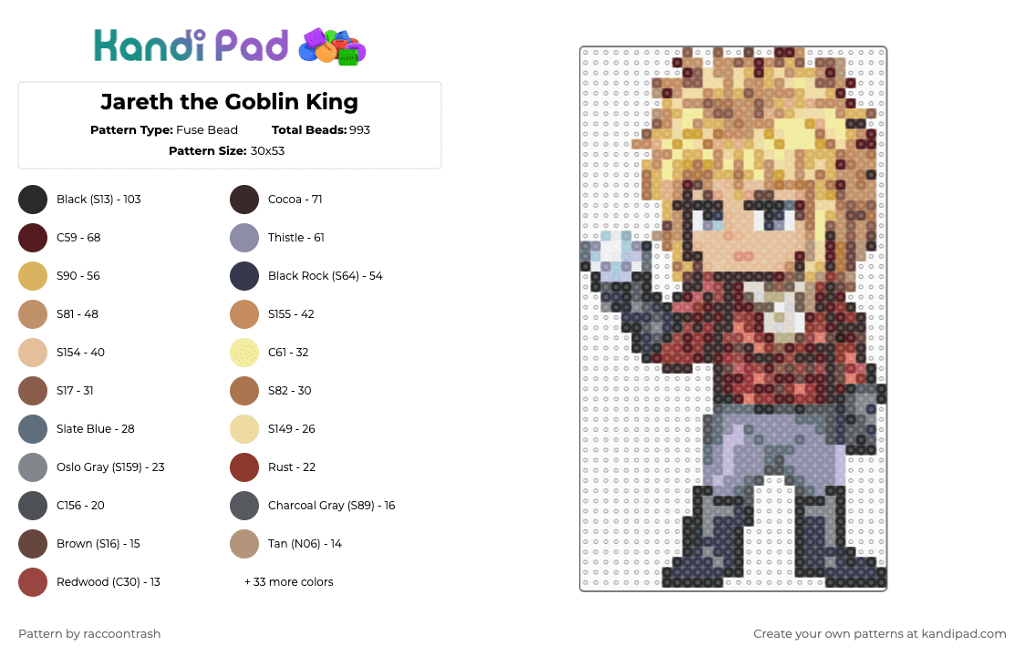 Jareth the Goblin King - Fuse Bead Pattern by raccoontrash on Kandi Pad - brown,purple,orange,colorful,labyrinth,jareth,henson,goblin king,goblin
