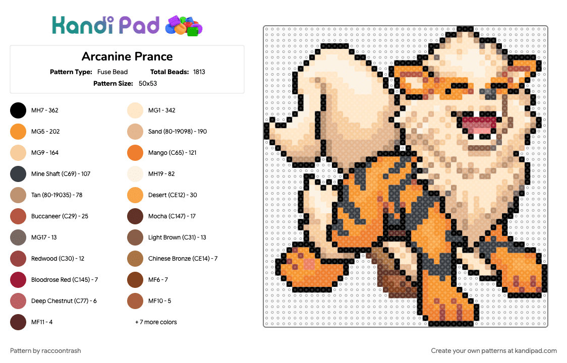 Arcanine Prance - Fuse Bead Pattern by raccoontrash on Kandi Pad - arcanine, beige, gaming, growlithe, happy, orange, pokemon, prance, trot