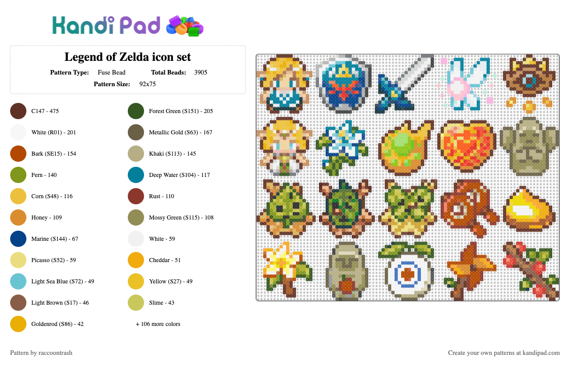 Legend of Zelda icon set - Fuse Bead Pattern by raccoontrash on Kandi Pad - brown,orange,tan,gold,colorful,link,zelda,korok,sheikah,loz,totk,botw