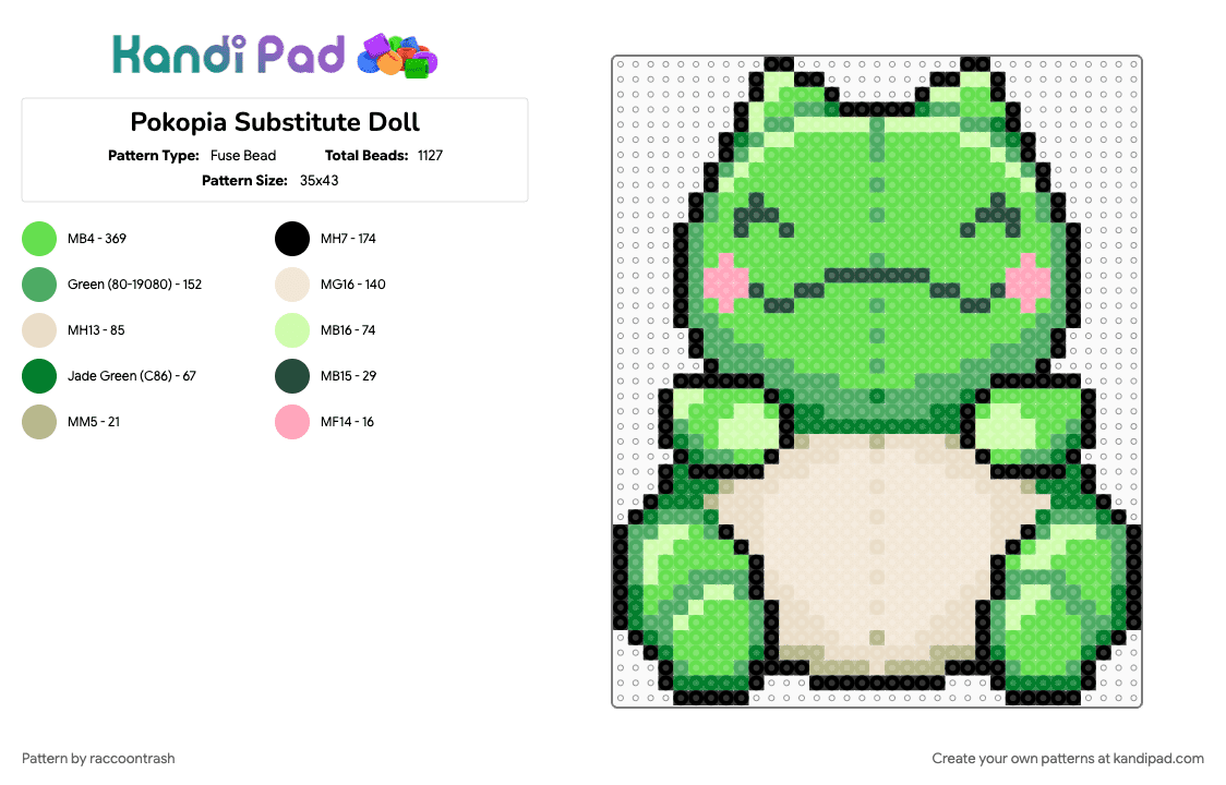 Pokopia Substitute Doll - Fuse Bead Pattern by raccoontrash on Kandi Pad - gaming, green, plushie, pokemon, pokopia, substitute