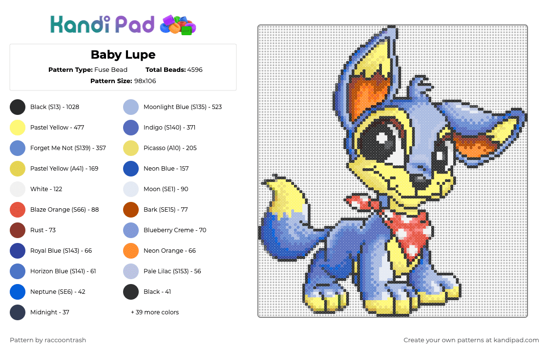 Baby Lupe - Fuse Bead Pattern by raccoontrash on Kandi Pad - light blue,blue,yellow,red,neopets,baby,lupe
