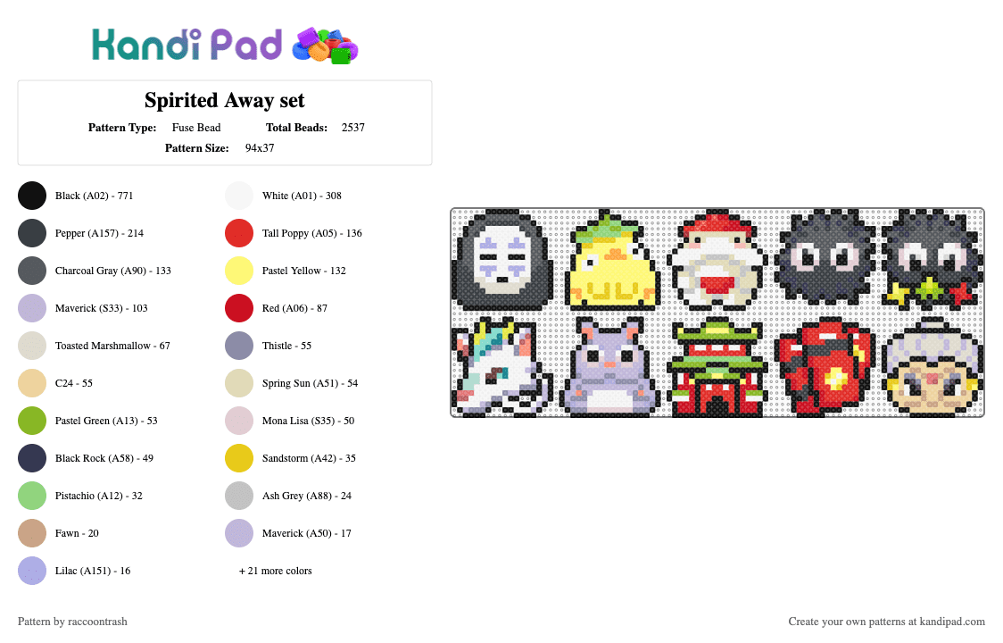 Spirited Away set - Fuse Bead Pattern by raccoontrash on Kandi Pad - black,gray,beige,red,yellow,green,colorful,ghibli,miyazaki,anime,soot spprite,no face,spirits,bath house
