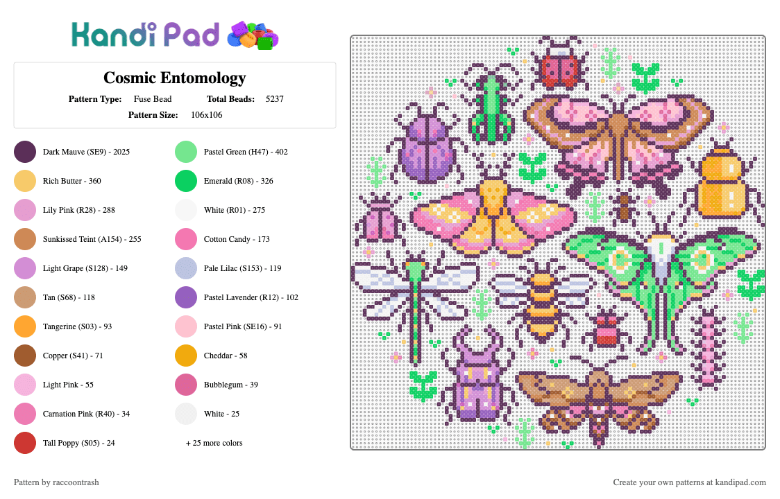 Cosmic Entomology - Fuse Bead Pattern by raccoontrash on Kandi Pad - pink,teal,bugs,entomology,insects,nature,beetles,butterflies,wildlife,specimens