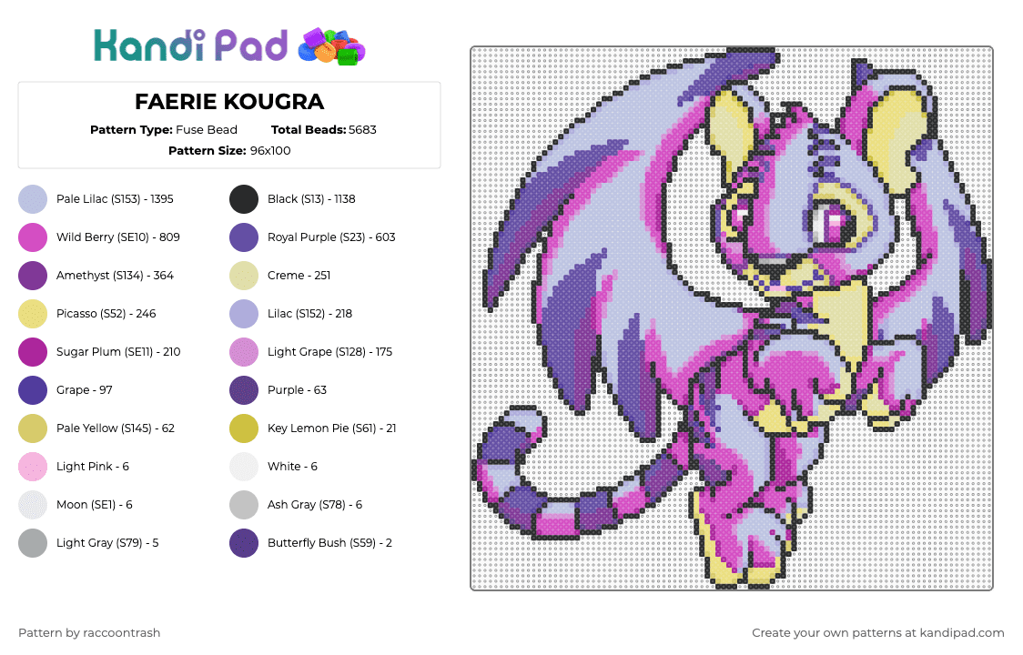 FAERIE KOUGRA - Fuse Bead Pattern by raccoontrash on Kandi Pad - pink,faerie,kougra,neopets,wings,tiger,fairy