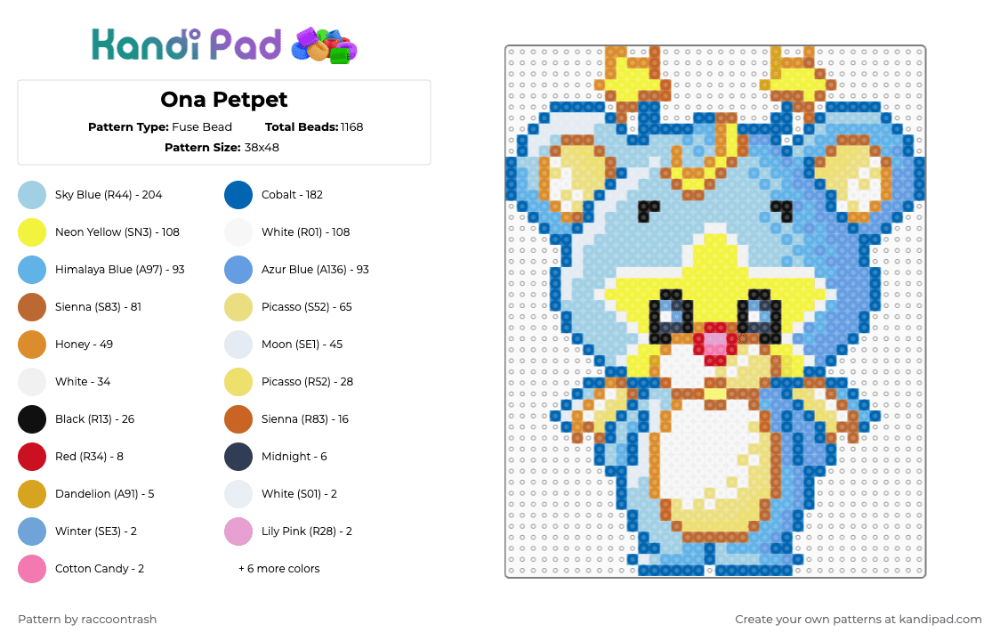 Ona Petpet - Fuse Bead Pattern by raccoontrash on Kandi Pad - yellow,blue,light blue,neopets,ona,petpet,bear