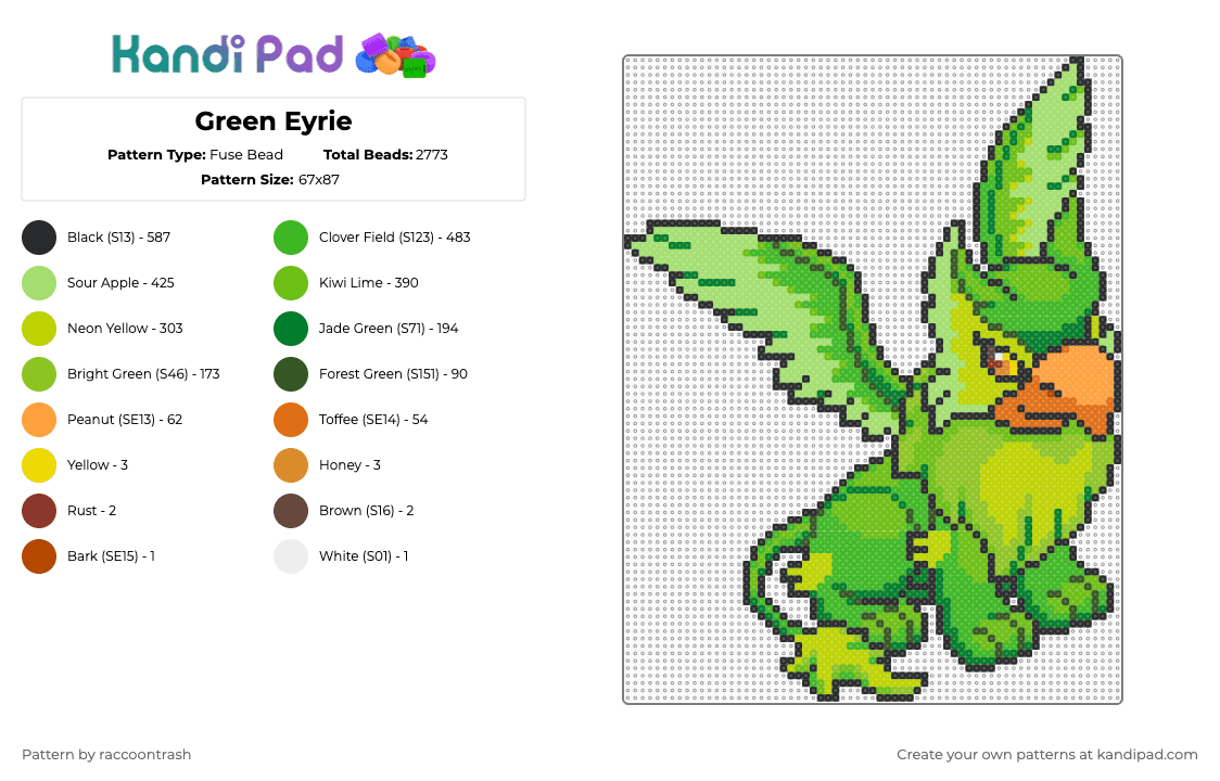 Green Eyrie - Fuse Bead Pattern by raccoontrash on Kandi Pad - green,neopets,eyrie,gryphon,griffin